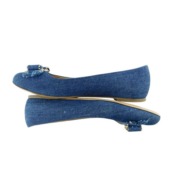 FERRAGAMO Vara Logo Studded Bow Denim Blue Jean Ballet Flats 9 - Picture 5 of 7